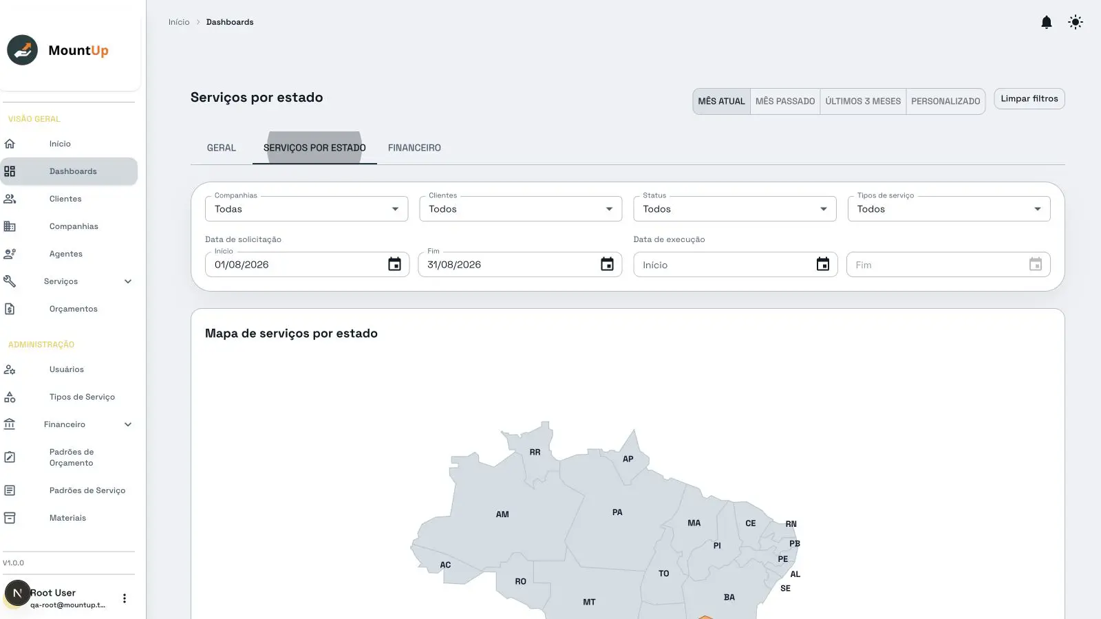 MountUp operational map showing service coverage across Brazilian states.
