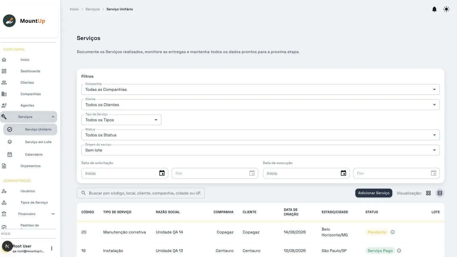 MountUp services list with filters, status, dates, locations, and service records.