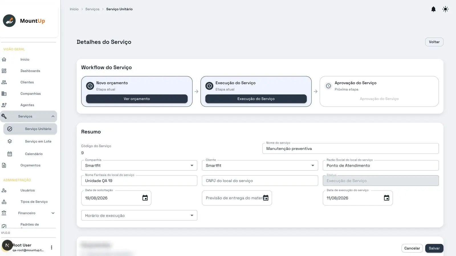 MountUp service detail showing workflow stages, execution information, and summary data.