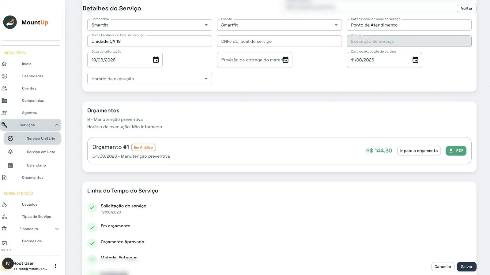 MountUp service detail with items, budget, and service history timeline.