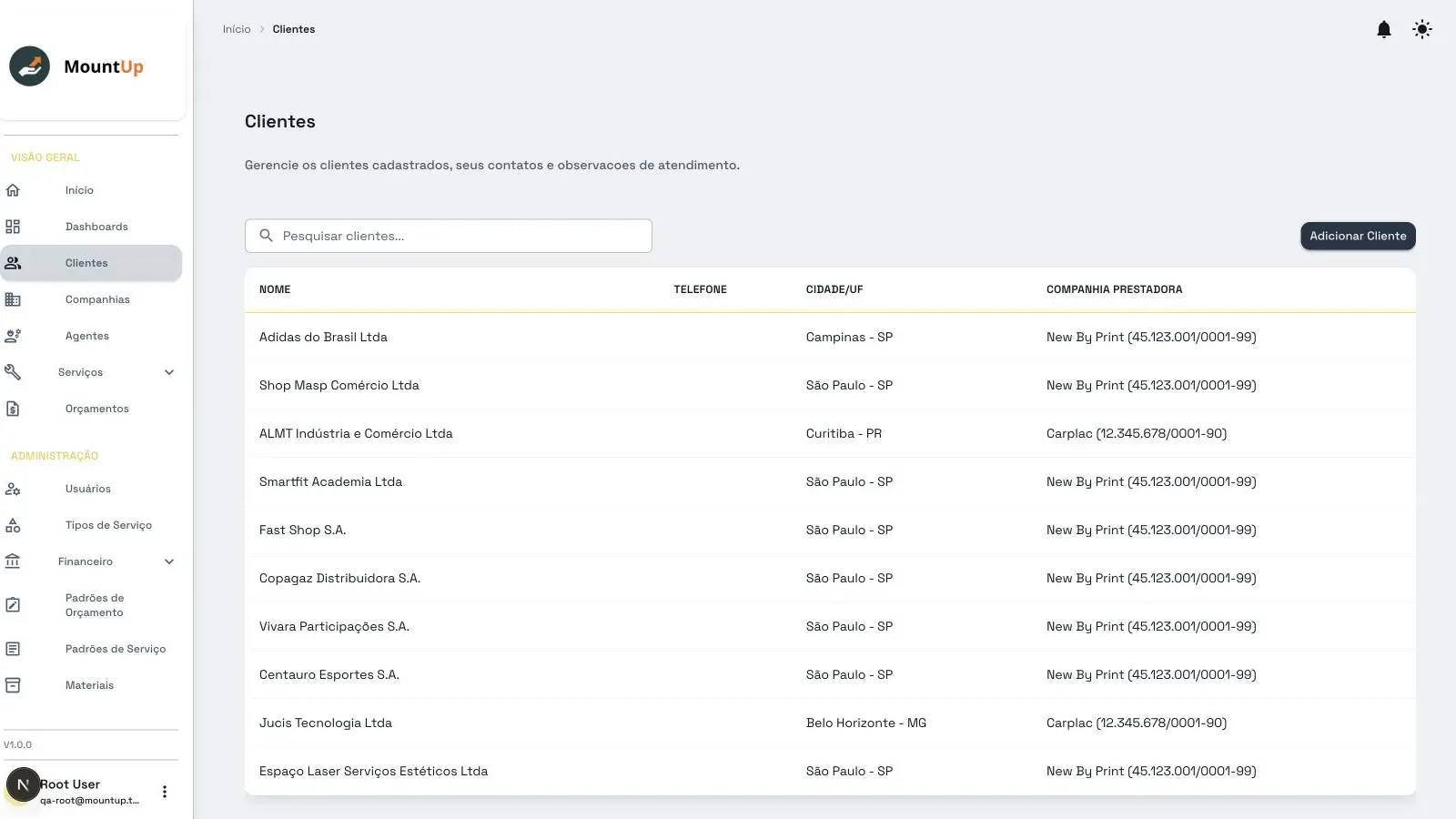 MountUp client portfolio with customer records, contacts, and provider companies.